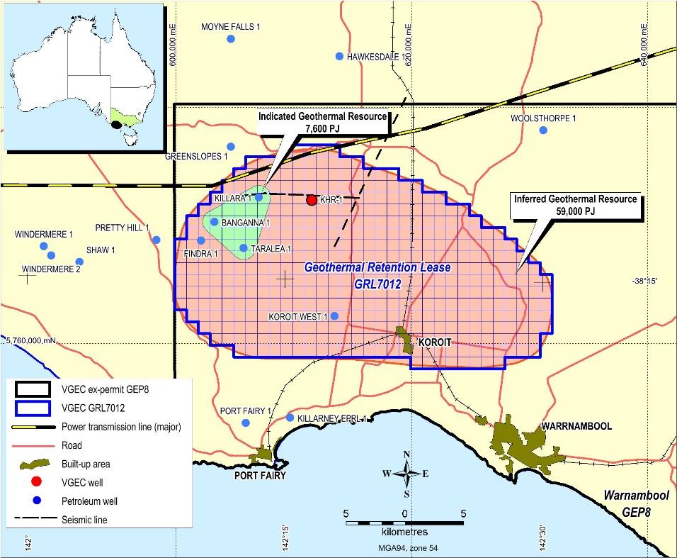 Map of Geothermal Retention Lease GRL7012 showing the Koroit project area near Warrnambool, South-Western Victoria